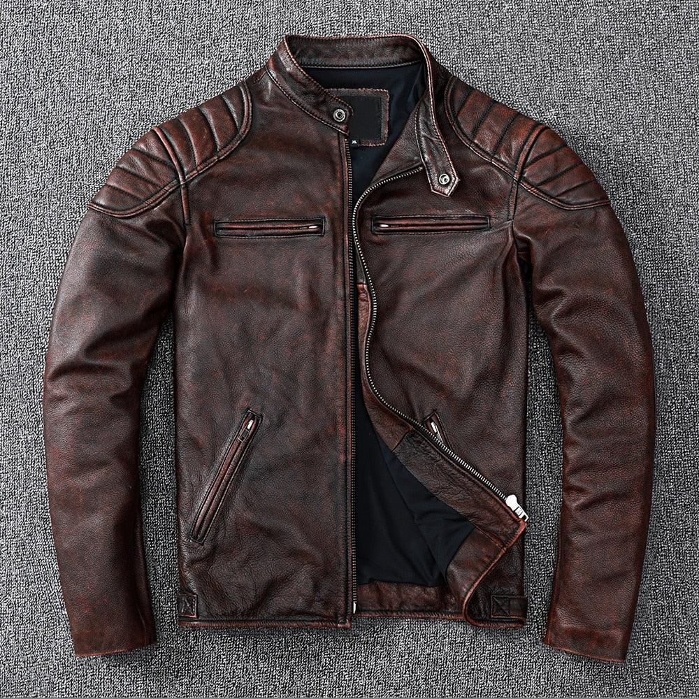 Vintage Brown Genuine Leather Jacket Men Motorcycle Coat Brown Motorcycle Leather Jacket For Men's Luxury Jackets For Bikers Men's Biker Clothes Spring Autumn