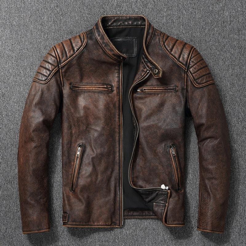 Vintage Brown Genuine Leather Jacket Men Motorcycle Coat Brown Motorcycle Leather Jacket For Men's Luxury Jackets For Bikers Men's Biker Clothes Spring Autumn